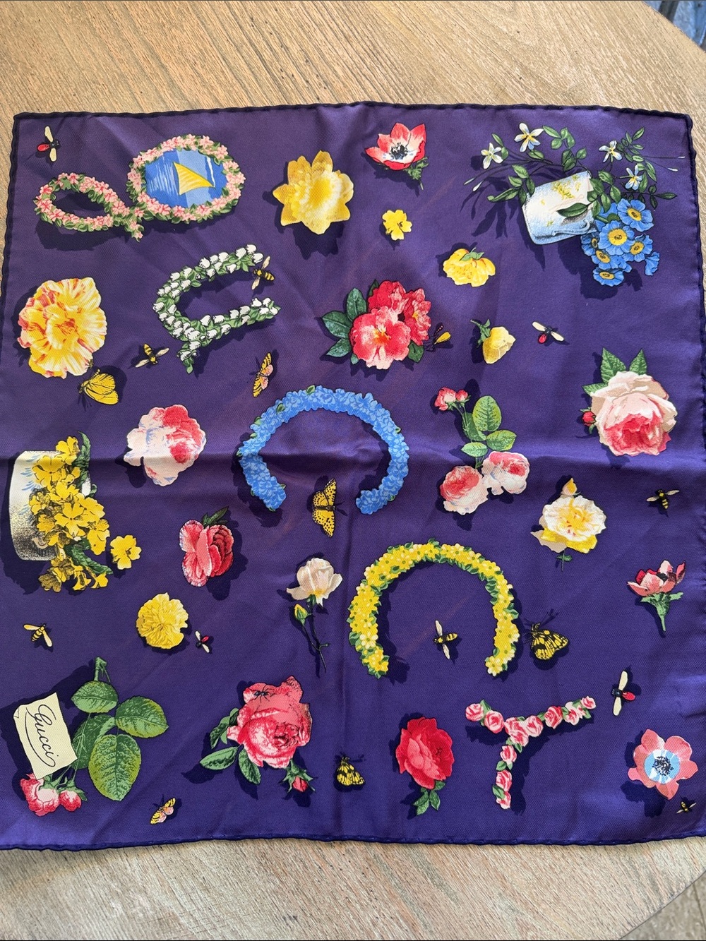 Gucci Purple Floral Letter-Print Silk Scarf